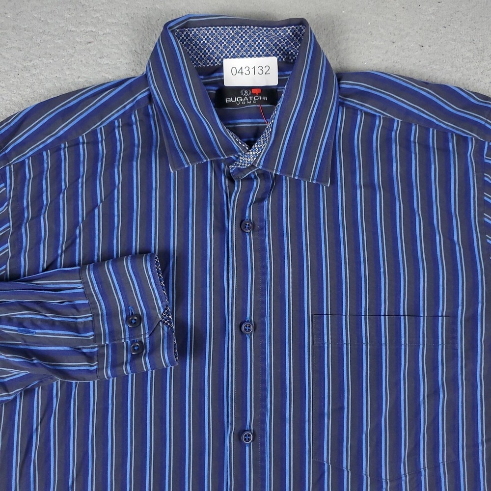 Bugatchi Uomo Mens Large Blue Striped Button Up Long Sleeve Shirt